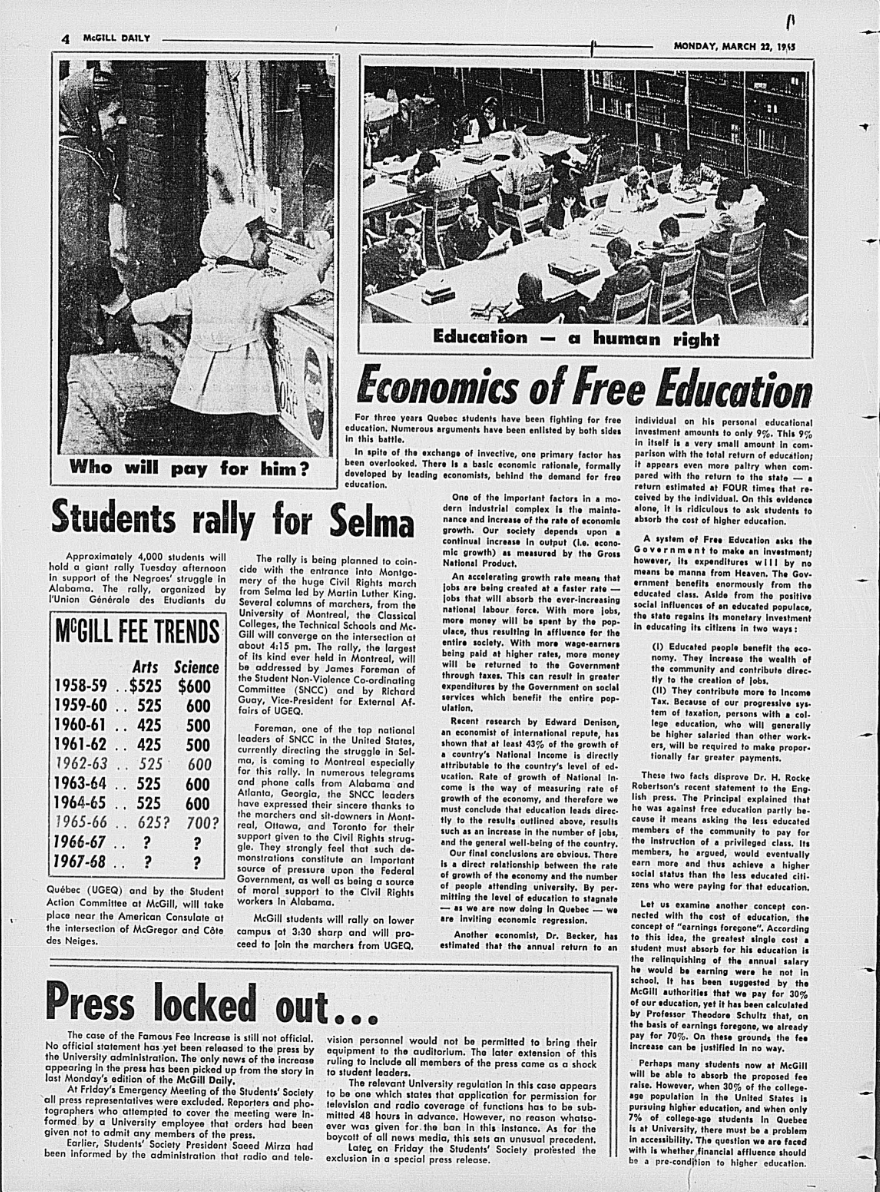 Page four of the March 22, 1965 issue of the McGill Daily. Headlines include, "Economics of Free Education," "Students rally for Selma," and "Press locked out..." At the top of the page are two images. On the left is an image of a child pointing to a shop window with a caption that reads, "Who will pay for him?" On the right is an image of students studying in a library with a cation that reads, "Education - a human right."