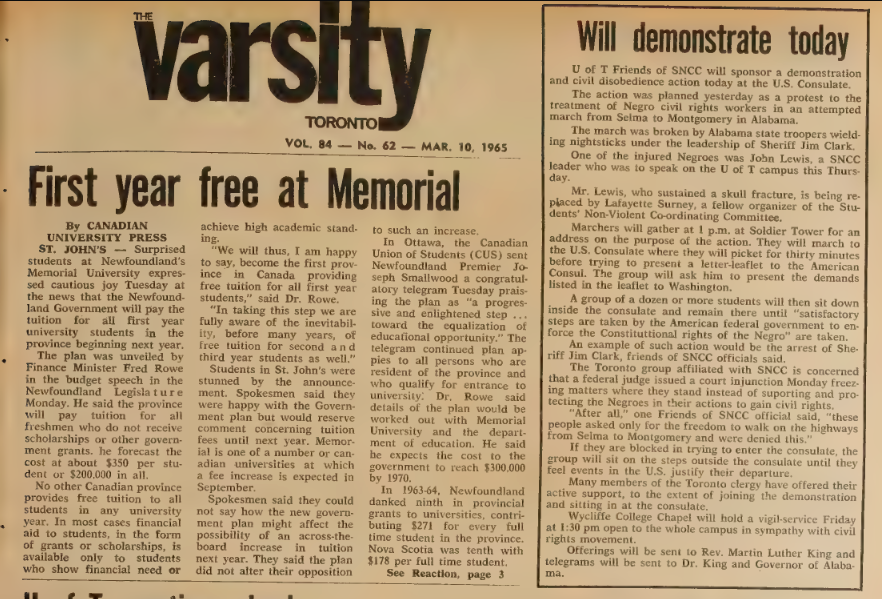 Cover page of the March 10, 1965 issue of The Varsity featuring stories with headlines including, "First year free at Memorial," and "Will demonstrate today."