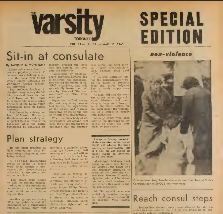 Cover page of the March 11, 1965 issue of The Varsity with title "Special Edition: non-violence." Headlines include "Sit-in at consulate," "Plan strategy," "Some students skeptical," and "Reach consul steps." On the top right corner is an image with a caption that reads "Policewomen drag female demonstrator from United States Consulate during SNCC protest yesterday."